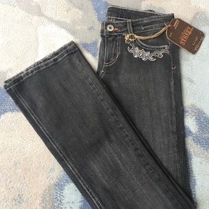 *Flared* Vintage Boho NWT Street Denim Embroidered Faded Black/Grey Wash